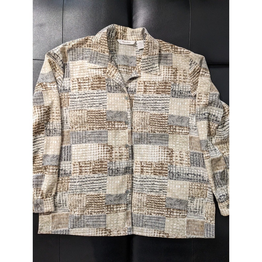 Tan Jay Women's Lightweight Long Sleeve Button Up Blouse Snakeskin Print 16 EUC